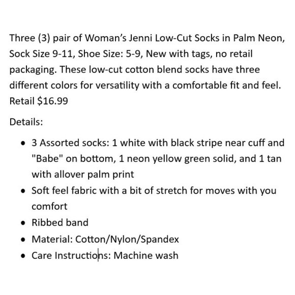 BIN 3 pr Jenni Cotton Blend Low-Cut Socks Palm Neon New - Picture 2 of 5